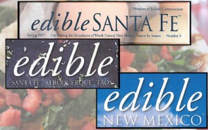 Three mastheads from Edible New Mexico showcasing the various title changes the magazine has gone through